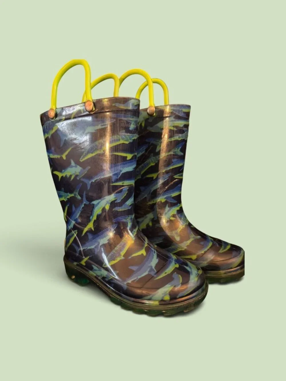 Western Chief Shark Chase Lighted Black/Blue/Green Kids Rain Boots Sz 8